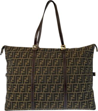 Fendi Anna Brown Canvas Leather Shoulder Bag Tote Bag (Pre-Owned)