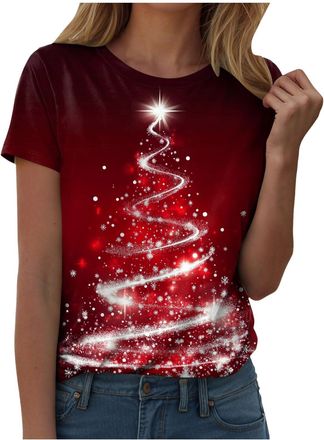 Generic Christmas Tree T-Shirt Women UK Funny Xmas T Shirts Christmas Tree Graphic Xmas Print Tops Ladies Holiday Short Sleeve Lightweight Fall Winter Going O