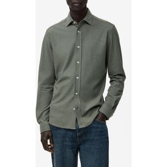 Mango Slim Fit Cotton Piqu&eacute; Button-Up Shirt in Green at Nordstrom, Size X-Small