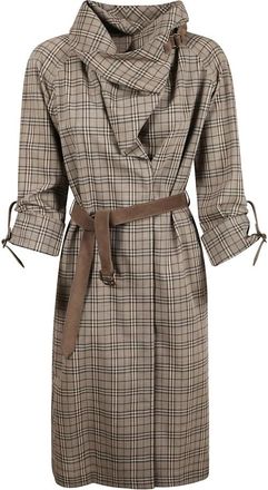 Burberry Wollen Ruitjurk met Sjaalkraag - Dames - Shirt Kleedjes - Bruin - S - Wol - Kleedjes