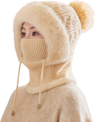 Generic Winter Hat Scarf Set for Women Knit Balaclava Ski Mask with Face Mask, Warm Fleece Lined Beanie Hat Pom Pom Bouble Adjustable Drawstring Windproof Hoo