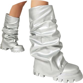 Generic Womens Knee High Boots Fold Over Slouchy Runched Boot Platform Heel Stretch Pull on Wide Calf Boots Round Toe Boot Silver