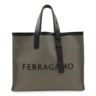 Ferragamo Black Gray Canvas Leather Shoulder Bag Tote Bag (Pre-Owned)