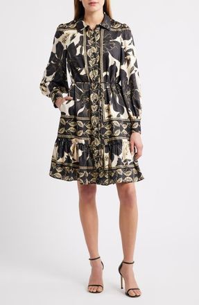 Julia Jordan Long Sleeve Tie Belt Button-Up Shirtdress in Black Multi at Nordstrom, Size X-Small