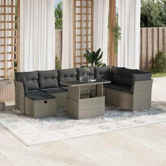 vidaXL Set Muebles Jard&iacute;n 9 Pzas Y Cojines Rat&aacute;n Sint&eacute;tico Gris Claro Vidaxl