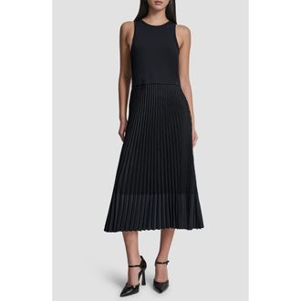 DKNY Mixed Media Pleat Midi Dress in Navy at Nordstrom, Size X-Small