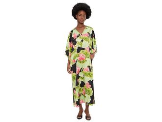 N by Natori Ascendant Lotus Printed Satin Butterfly Caftan Womens Jumpsuit & Rompers One Piece Black : L (Womens 14-16)