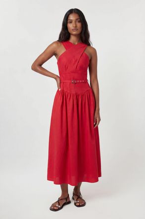 Karen Millen Womens Premium Tailored Linen Halter Neck Belted Full Midi Dress - Red Viscose - Size 16 UK