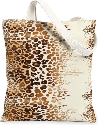 Generic Leopard Print Canvas Tote Bags, Stylish Animal Pattern Reusable Grocery Bags, Lightweight Washable Shoulder Strap Tote for, Beige, 13x15 Inch
