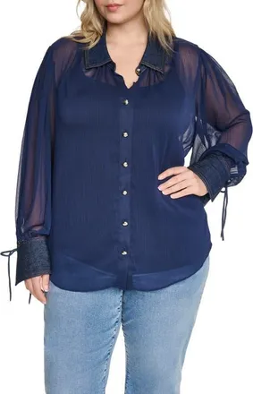 Karl Lagerfeld Crinkle Chiffon Shirt with Denim Trim in Naval Academy at Nordstrom, Size 3X
