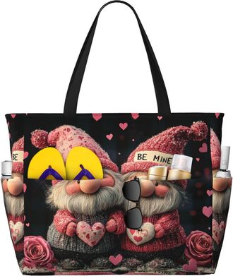 Generic Valentines Gnomes Print Large Beach Bag Foldable Travel Shoulder Tote Bag With Pocket For Weekender Pool Vacation
