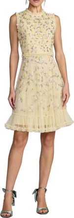 Mac Duggal Sleeveless Floral Beaded Mock Neck Tulle Mini Dress in Lemon at Nordstrom, Size 10