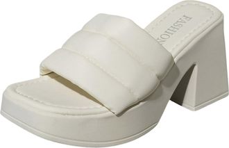 Generic Ladies Fashion Summer Solid Leather Open Toe Square Head Thick High Heel Sandals Comfortable Slip On Slippers for Women Casual Elegant Footwear (White