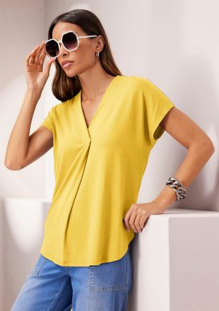Heine Blusenshirt HEINE Shirtbluse, Damen, Gr. 34, gelb (sonnengelb), 95% Viskose, 5% Elasthan, unifarben, V-Ausschnitt, Shirts Blusenshirt