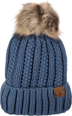 C.C Fleece Lined Cable Knit Faux Fur Skull Cap Cuff Beanie with Pom, Dk Denim