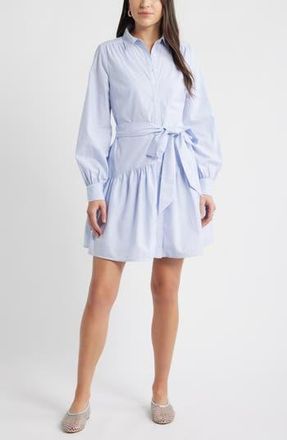 Caslon Stripe Long Sleeve Tiered Mini Shirtdress in Blue- White Silver Stripe at Nordstrom Rack, Size Small