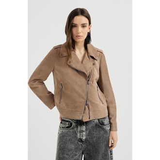 Brunello Cucinelli Suede biker jacket with monili in Hazelnut at Nordstrom, Size 46