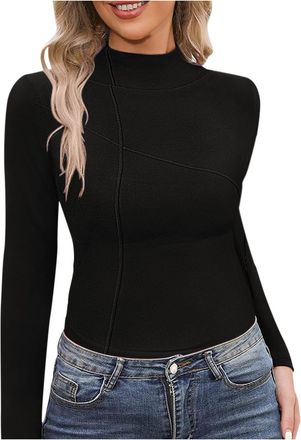 Generic Womens Thermal Underwear Thermal Tops Womens Black Polo Neck Winter Long Sleeve Top Women Ski Fleece Lined Base Layer Clothing Soft Cotton Fitted Ladi