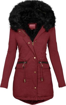 Generic Womens Long Winter Puffer Coat Fleece Lined Waterproof Down Jacket with Faux Fur Hood Thick Warm Parka Zip Pockets Red 5X-Large