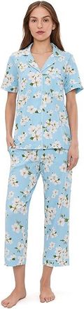 Bedhead Pajamas Short Sleeve Cropped Cotton Knit Pajama Set Womens Pajama Sets Magnolia Breeze : LG (US 12-14), Cotton/Elastane