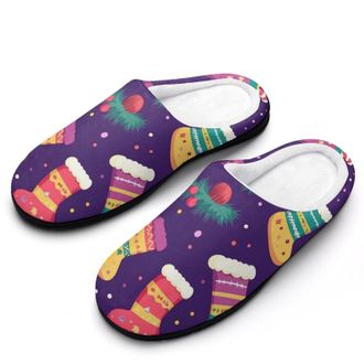 Generic Cute Christmas Stocking Pattern Mens Slippers Slip On Comfortable Fleece Cotton House Shoes Winter
