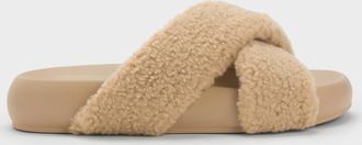 Charles & Keith Lumi Faux Shearling Crossover-Strap Slide Sandals