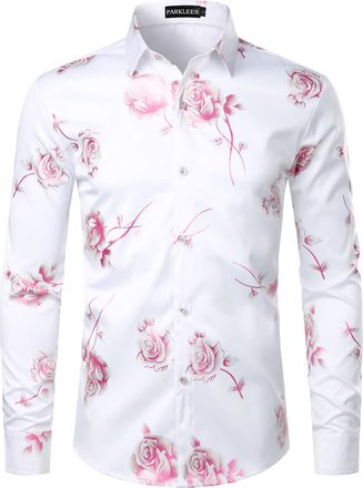 PARKLEES Mens Shiny Gold 3D Rose Print Slim Fit Button Down Dress Shirt for Nightclub Party White Pink XXL