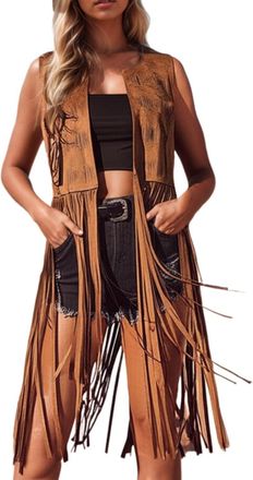 Generic Womens Western Fringe Jacket Faux Suede Sleeveless Waistcoat with Handcrafted Long Tassels, 70s Boho Hippie Open Front Vest for Summer