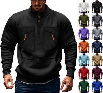 Generic Quarter Zip Jumper Men Casual Long Sleeve Jumper With Pockets Mock Neck Slim Fit Sweater Plain Sweatshirts Solid Colour Zip Up Pullover Shirt Warm Com