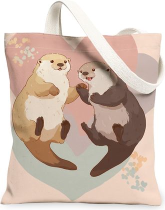Generic Otter Canvas Tote Bags, Cute Animal Heart Pattern Reusable Grocery Bags, Spring Floral Washable Shoulder Strap for Outdoor, Peach, 13x15 Inch