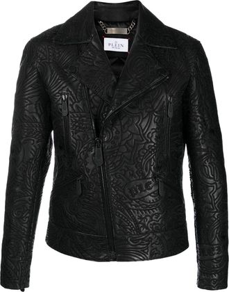 Philipp Plein paisley-print leather biker jacket - men - Lamb Skin/Polyester/Elastane - S - Black
