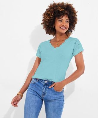 Joe Browns Eyelet V-neck Tee in Light Aqua at Nordstrom, Size Medium