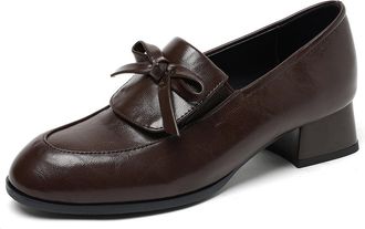 Generic Womens Slip-On Block Heel Loafers Special Bow Accent Round Toe Smooth PU Leather Upper Low Heel Stitched Detail Comfortable Durable Shoes,Brown,6.5 UK