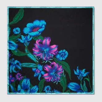 Gucci Floral Double G Silk Twill Carr&eacute;, Black
