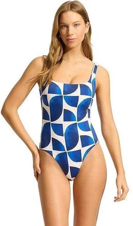 Seafolly Sunray Swimsuits Womens Blue White Printed Stretch One Piece NWO121