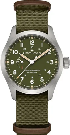 Hamilton Khaki Field Mechanical Power Reserve Webbing Strap Watch, 40mm in Green at Nordstrom