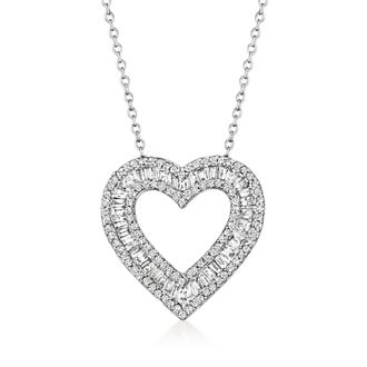 Ross-Simons Baguette and Round Diamond Open-Space Heart Pendant Necklace in Sterling Silver