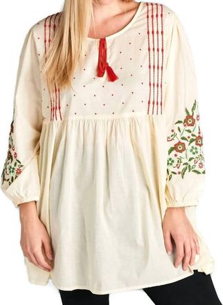 Velzera Floral Embroidered Peasant Mini Dress In Cream