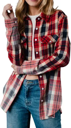 Panache Plaid Flannel With Bleached Dipped Contrast Shirt In Navy/red/cream
