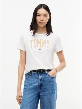 Tommy Hilfiger Womens Metallic Varsity Tommy Logo T-Shirt - Ecru - XXL