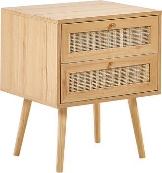 Beliani Beliani - Mesa De Noche De Rat&aacute;n Madera Clara Dorado 48 X 40 Cm 2 Cajones Boho Perote