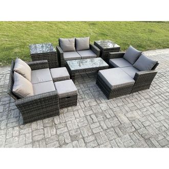 Fimous Outdoor u Shape Sofa Set Wicker pe Rattan Garden Furniture Set with Coffee Table Double Seat Sofa 3 Footstools 2 Side Tables Dark Grey Mixed - Fimous