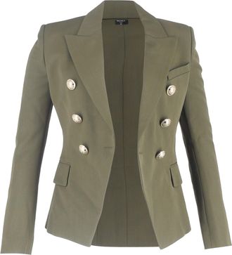 Balmain Double-Breasted Blazer with Pockets in Olive Wool