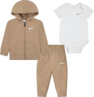 Nike Zip Hoodie, Bodysuit & Joggers Set in Hemp at Nordstrom, Size 0-3M