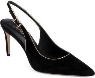 L'agence Vichy II Leather Trimmed Pointed Toe Slingback Pump in Black Suede at Nordstrom, Size 7.5