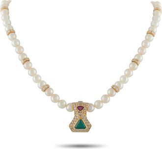 Luxury Bazaar 18K Yellow Gold 3.65ct Diamond, Emerald, and Ruby Cultured Pearl Necklace MF26- 070926