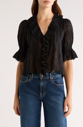 D&ocirc;en Henri Organic Cotton Voile Top in Black Eyelet at Nordstrom, Size Xx-Large