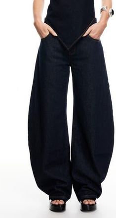 Lioness Horseshoe Low Rise Barrel Leg Jeans in Dark Denim at Nordstrom Rack, Size Small