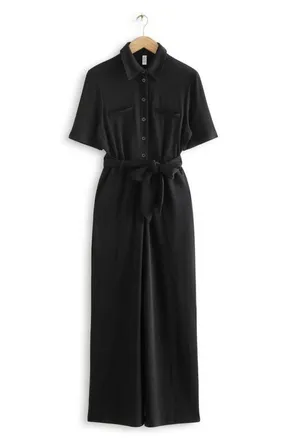 & Other Stories Belted Wide Leg Knit Jumpsuit in Black Dark at Nordstrom, Size Medium
