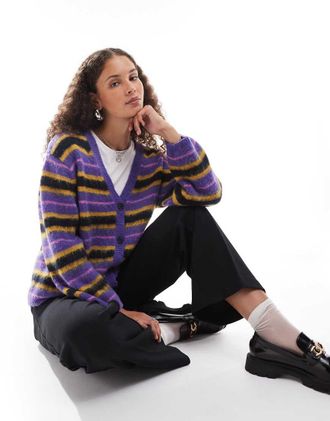 Monki fluffy yarn knit cardigan with V-neck in purple and black stripe-Multi